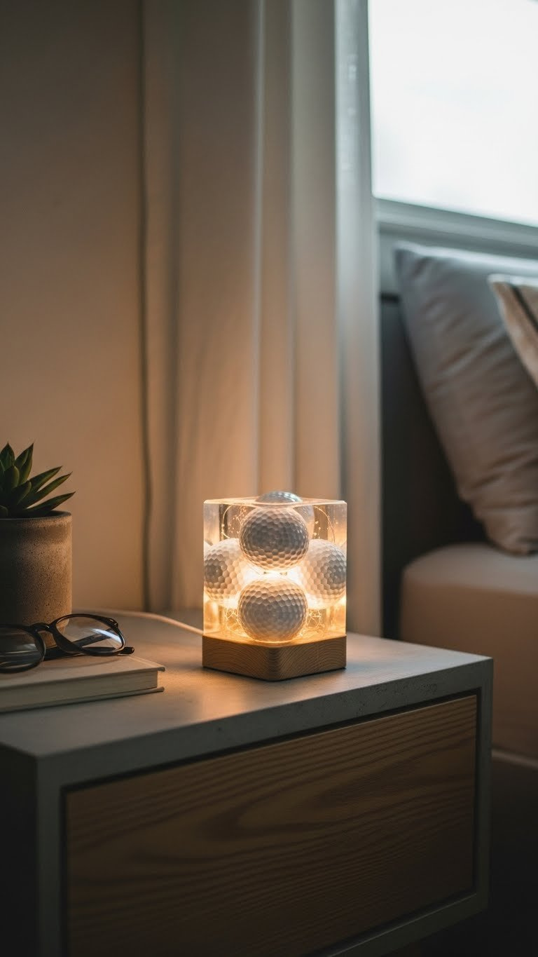 Golf Ball Upcycle: 11 Stunning Crafts &Amp; Garden Projects Diy Golf Ball Night Lamp Glowing Softly On Minimalist Bedside Table With Warm Ambient Lighting And Bokeh Background.