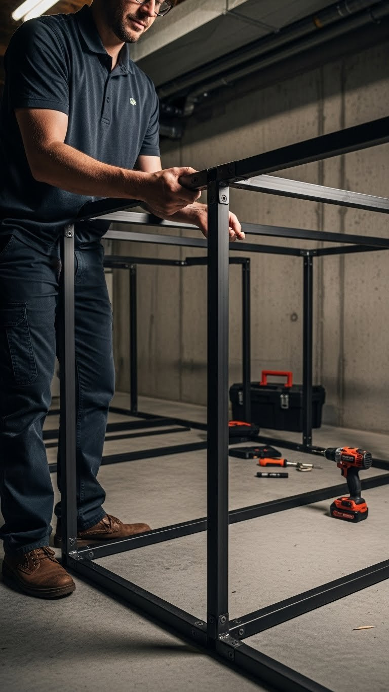 Diy Golf Simulator Enclosure Frame Assembly With Black Metal Tubing In Basement Workshop