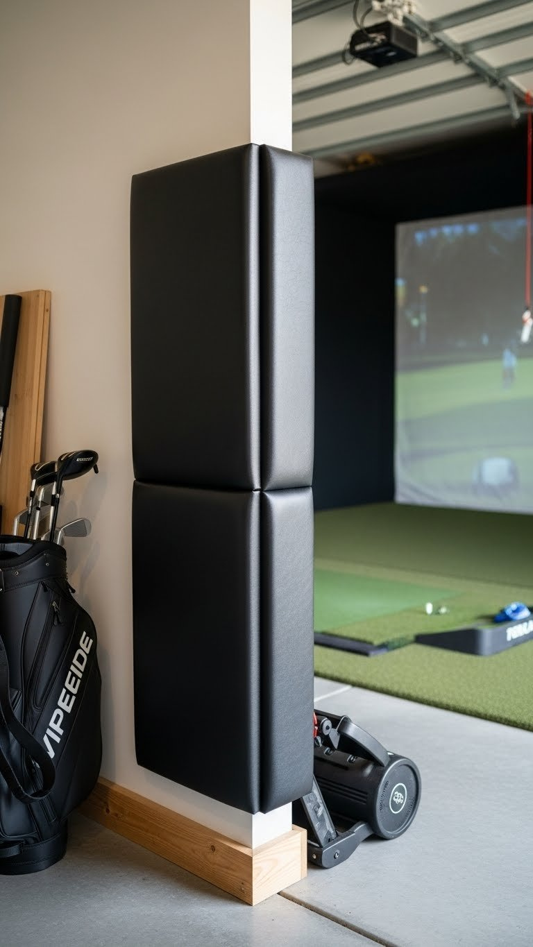 Diy Padded Wall Panel In Matte Black Marine-Grade Vinyl For Home Golf Simulator Room With Soft Bokeh Background