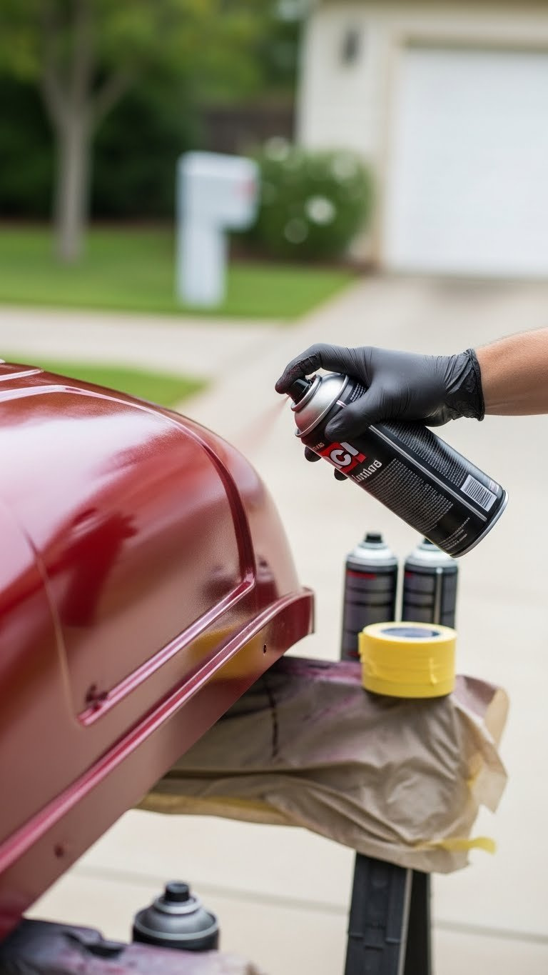 Diy Rattle Can Spray Painting Golf Cart Body Panel On Sawhorse Setup With Drop Cloths