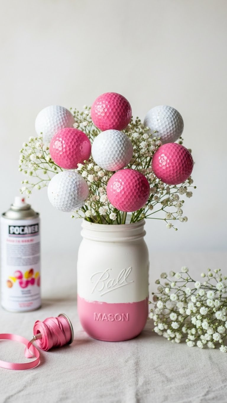 Diy Recycled Pink Golf Ball Bouquet With Baby'S Breath In A Painted Mason Jar Vase, Showing Spray Paint And Ribbon Details.