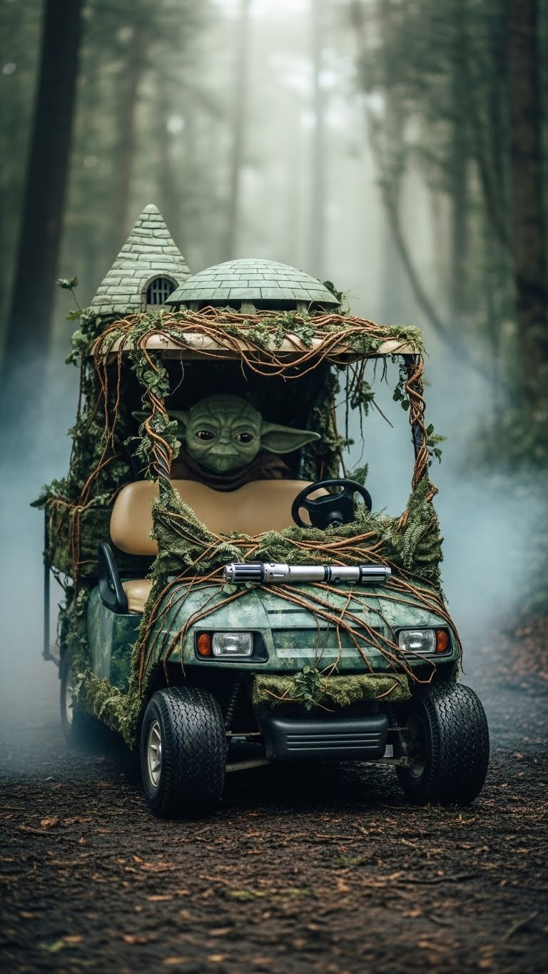 Dagobah Swamp Themed Golf Cart Featuring Yoda'S Hut With Murky Green Tones In Swamp Setting