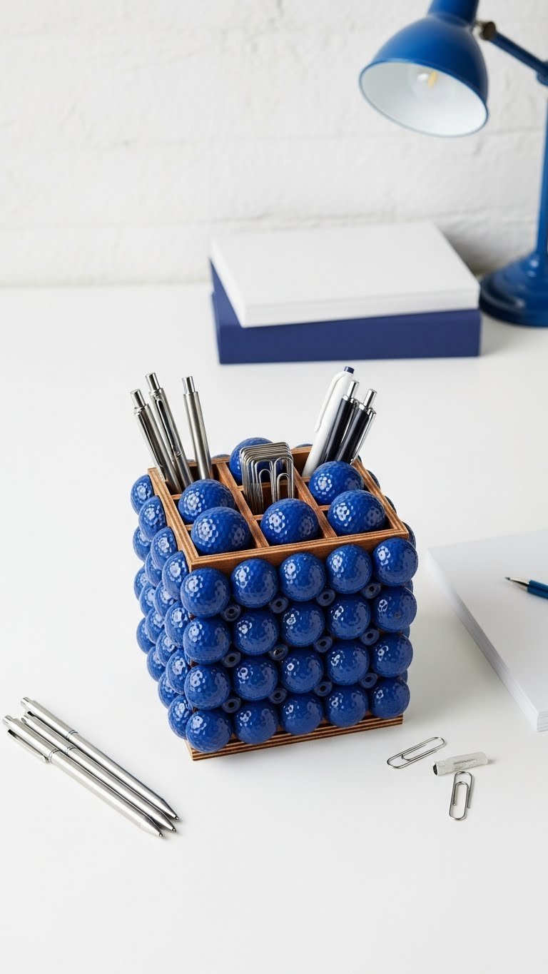 Dark Blue Golf Ball Desk Organizer Caddy Made From Upcycled Wood, Holding Pens And Paperclips On A Minimalist Desk. Stylish Golf Decor.