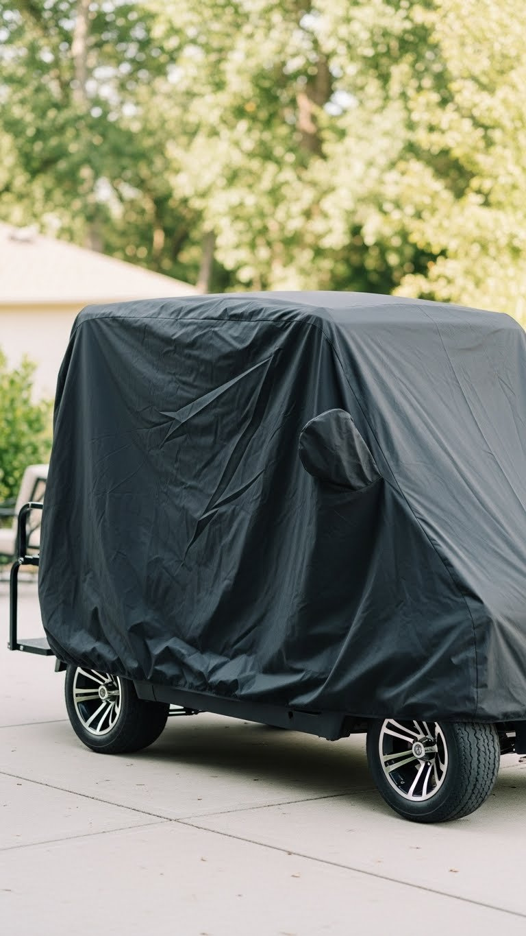 Dark Charcoal Golf Cart Weatherproof Cover Draped Over Cart On Concrete Driveway With Lush Green Lawn Background