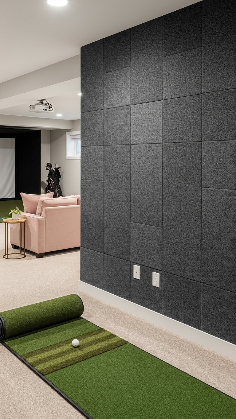 Dark Gray Commercial Carpet Tiles Covering Walls In Multi-Purpose Golf Simulator Media Room
