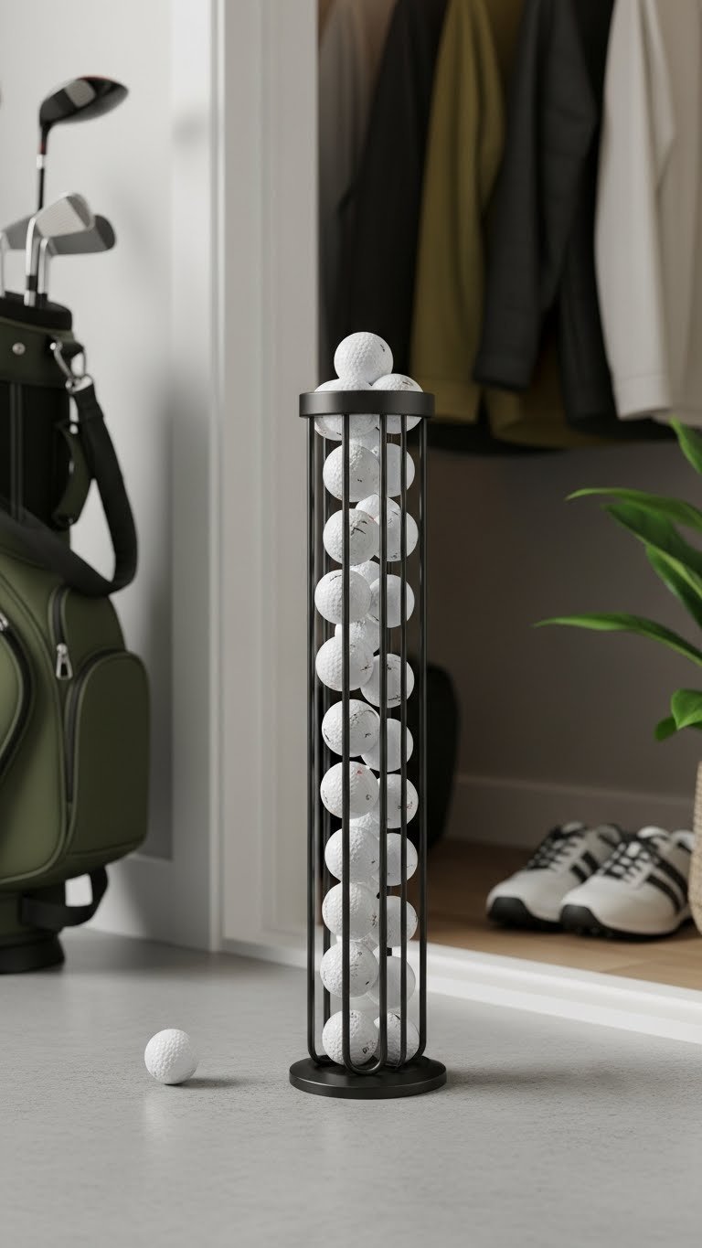 Golf Ball Storage Ideas: Top 9 Ways To Organize &Amp; Protect Dark Metal Vertical Golf Ball Organizer With Multiple Tiers Maximizing Compact Storage Space In Garage Corner