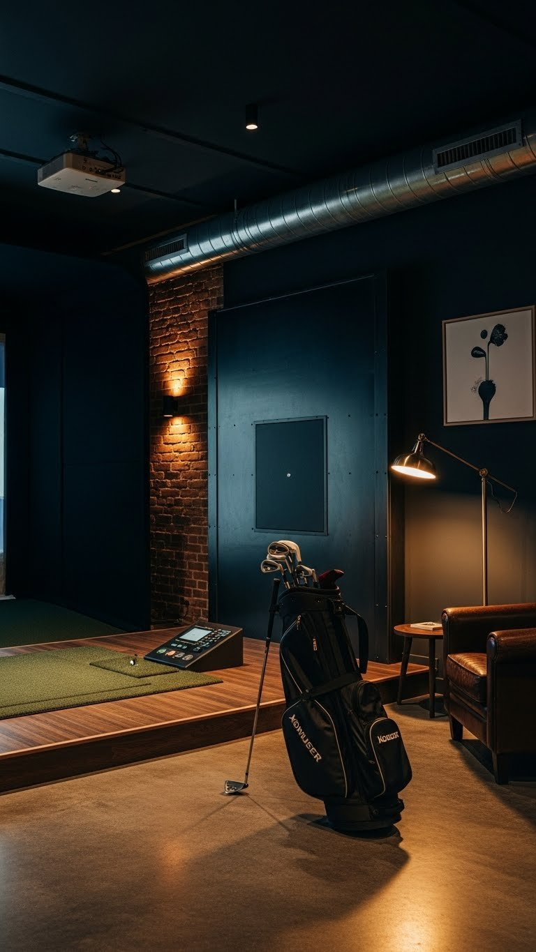 9 Essential Industrial Golf Simulator Room Ideas Dark Moody Industrial Golf Simulator Room With Charcoal Walls And Strategic Accent Lighting