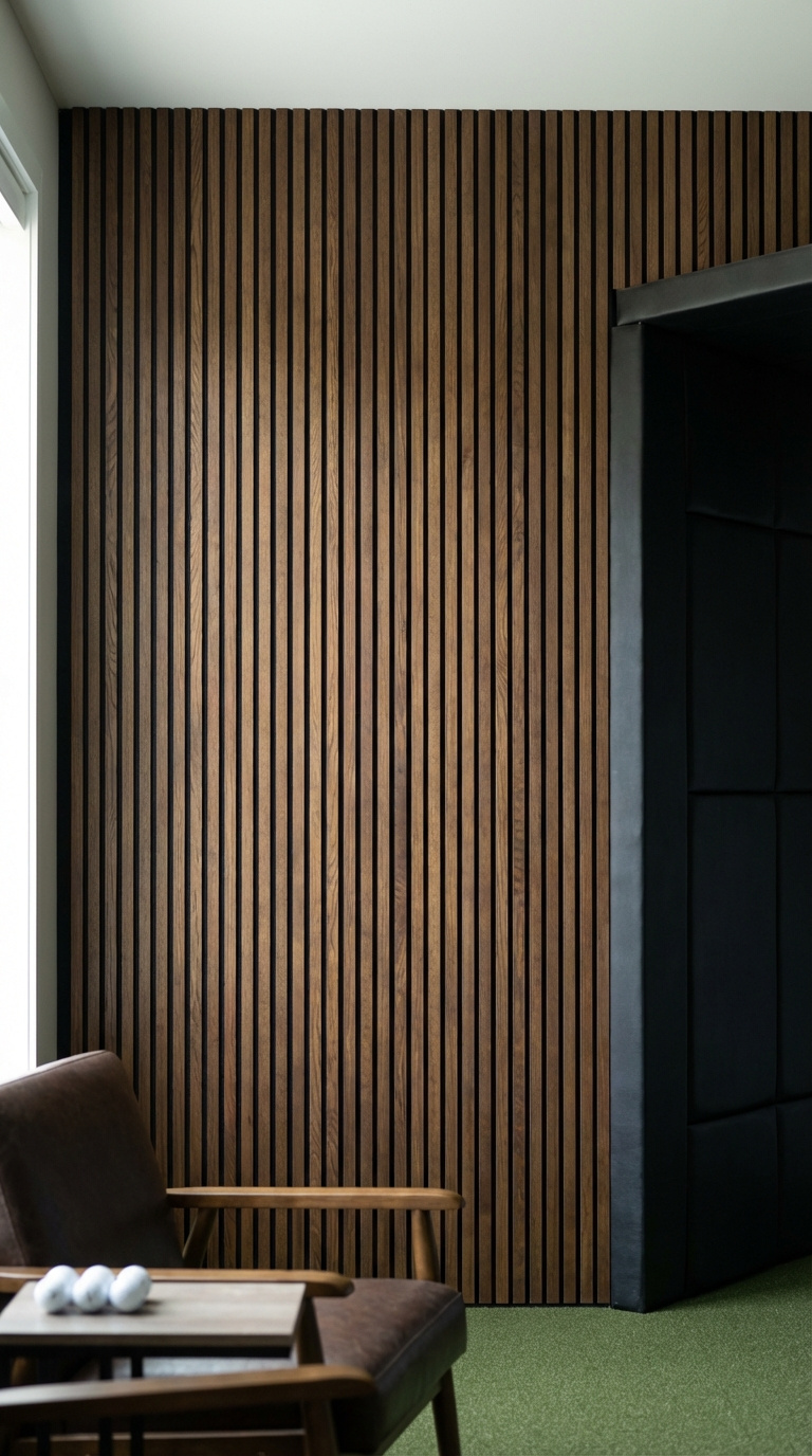 Moody Golf Simulator Room Design Guide For A Luxury Man Cave Dark Oak Wood Slat Acoustic Panels With Black Felt Backing Creating Modern Textured Wall Treatment