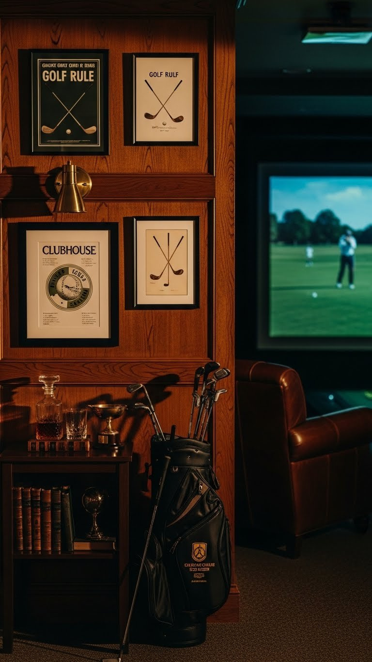 Dark Wood Paneling And Vintage Golf Art Create A Classic Clubhouse Vibe In This Sophisticated Golf Simulator Room Design.
