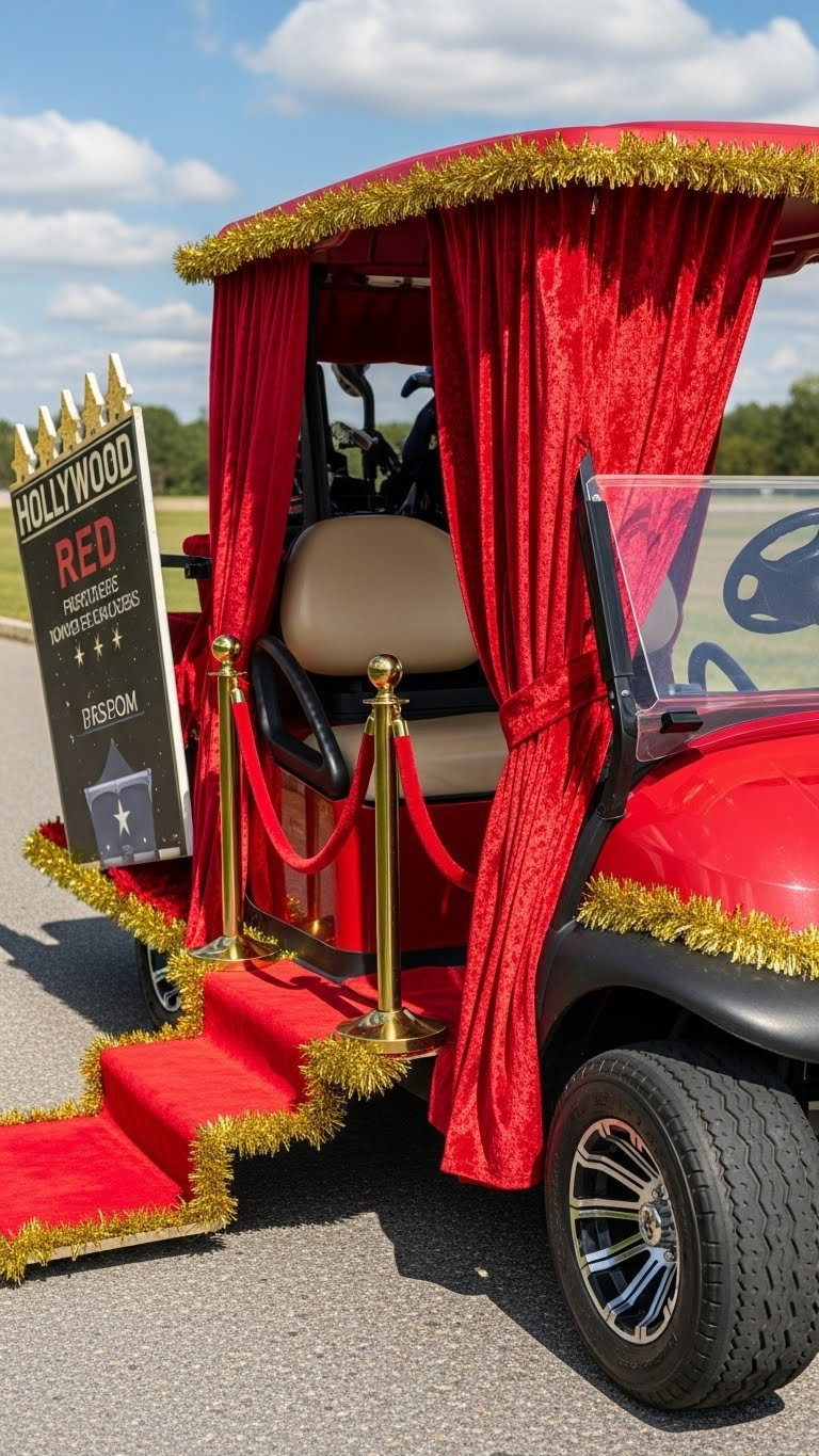Dazzling Hollywood Red Carpet Golf Cart Float Draped In Red Velvet With Golden Accents And Oversized Decorations