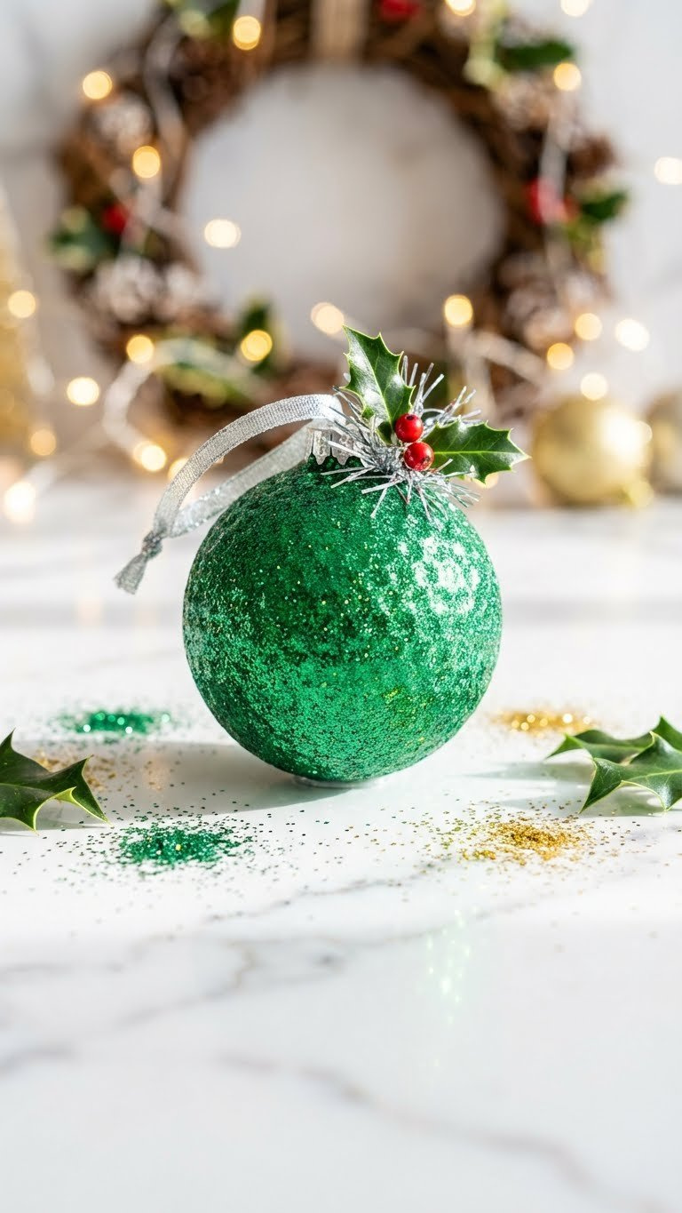 Golf Ball Christmas: 9 Genius Diy Ornament Ideas Dazzling Glitter Golf Ball Bauble Ornament, Shimmering In Silver And Gold, On Marble With Blurred Christmas Lights And A Ribbon.
