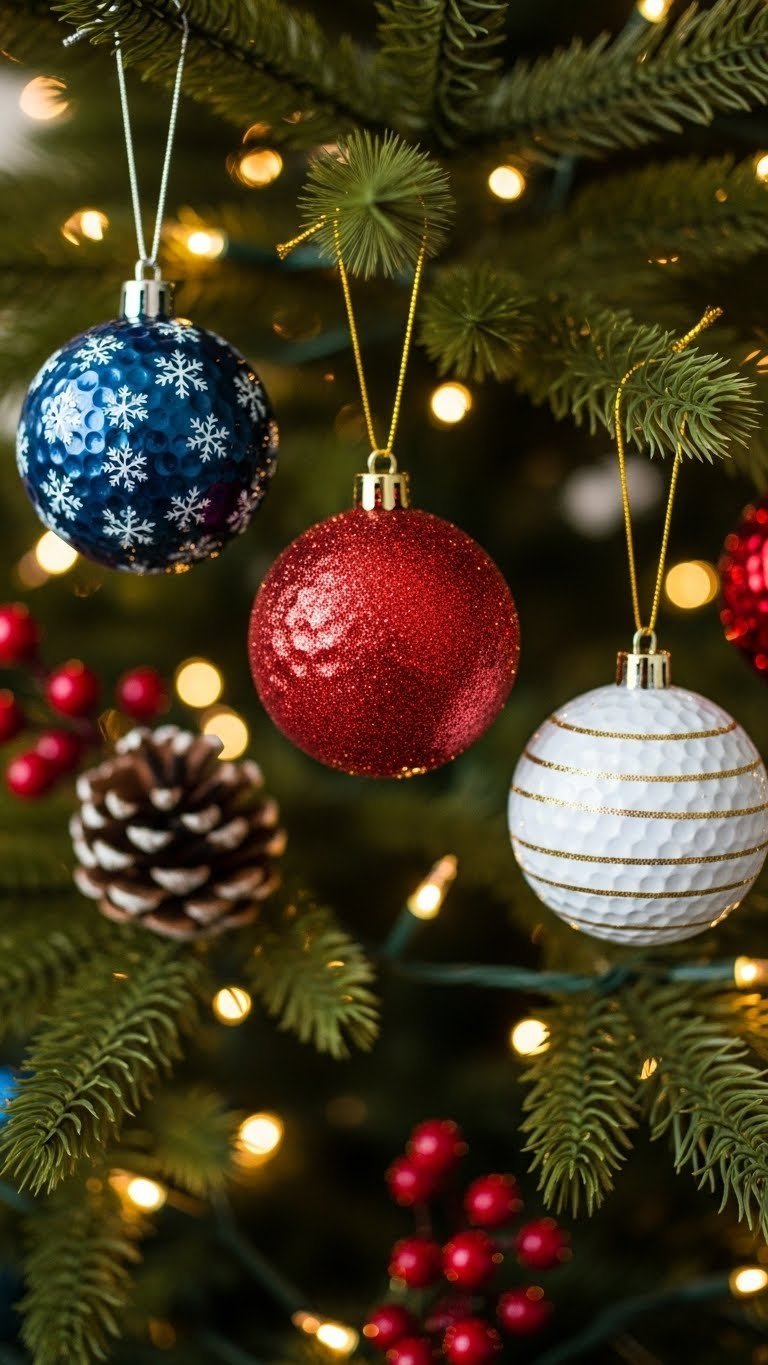 Decorated Golf Ball Christmas Ornaments With Festive Patterns Hanging From Holiday Tree Branches
