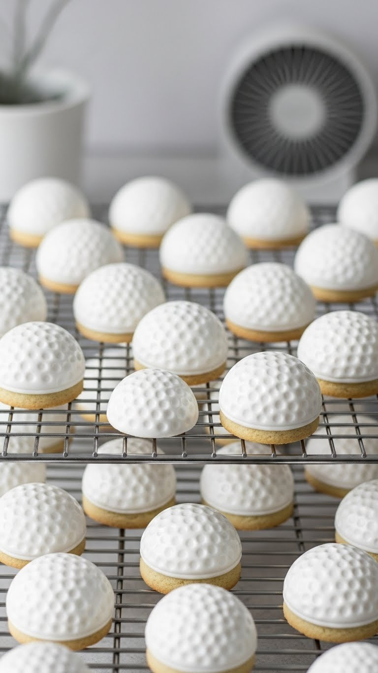 Decorated Golf Ball Cookies Drying On Tiered Rack With Glossy White Icing Set Perfectly