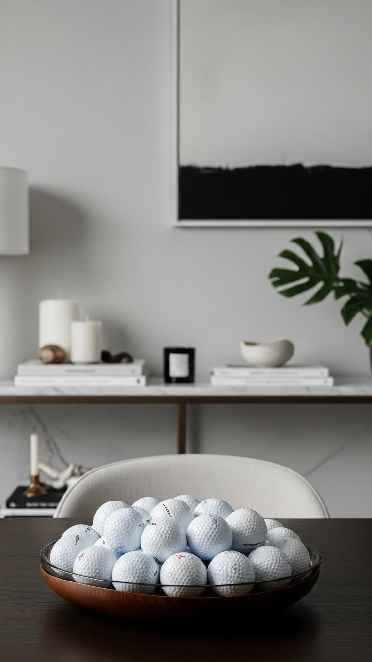 Golf Ball Upcycle: 11 Stunning Crafts &Amp; Garden Projects Decorative Golf Ball Display Bowl Overflowing With Varied Balls On Dark Wooden Table In Modern Interior Setting.