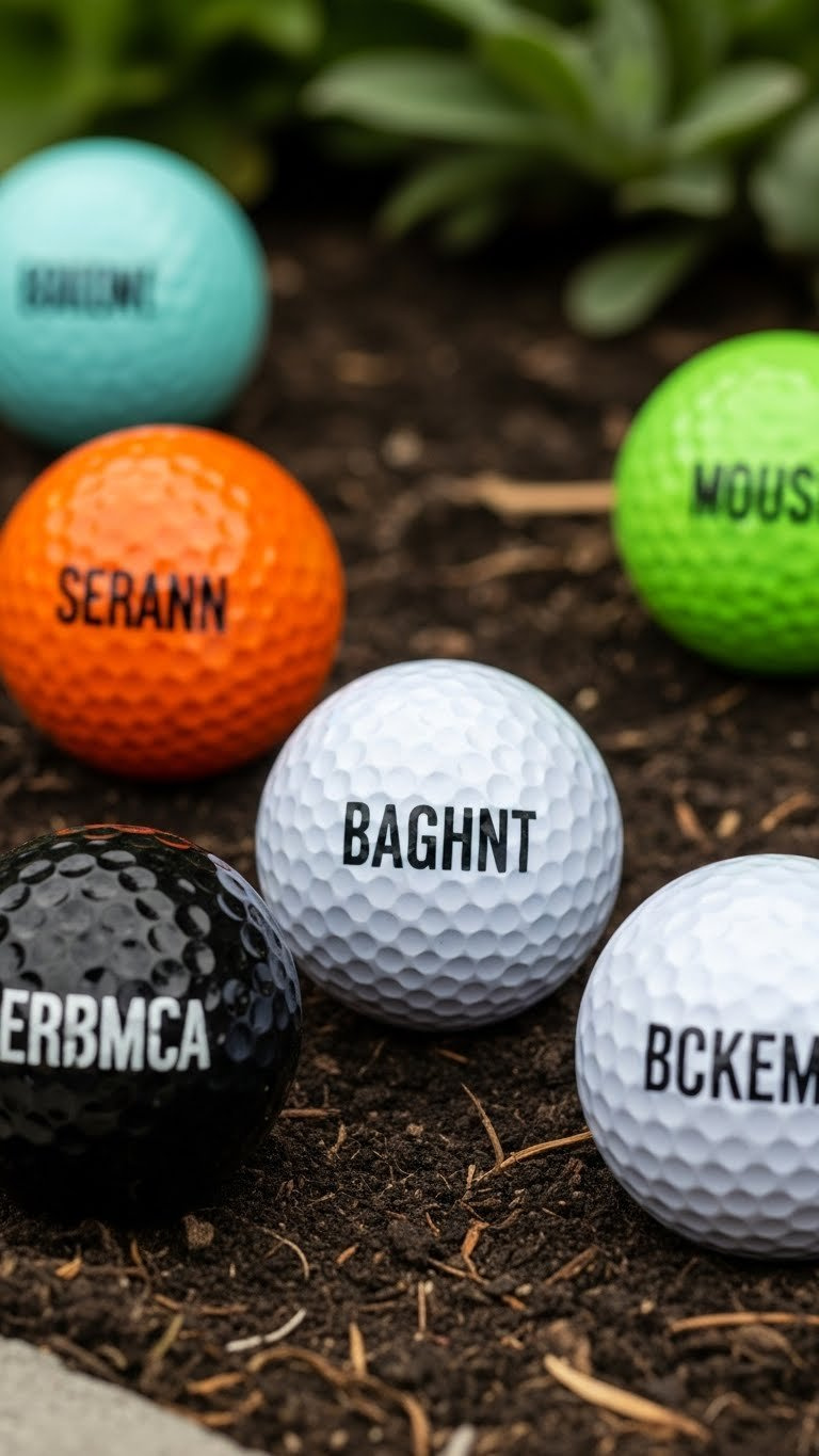 Golf Ball Upcycle: 11 Stunning Crafts &Amp; Garden Projects Decorative Golf Ball Plant Markers Painted With Plant Names Arranged In Vegetable Garden With Soft Focus Background.