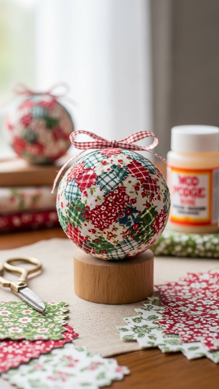 Decoupaged Golf Ball Ornament Covered In Festive Patterned Fabric Hanging From Coordinating Ribbon