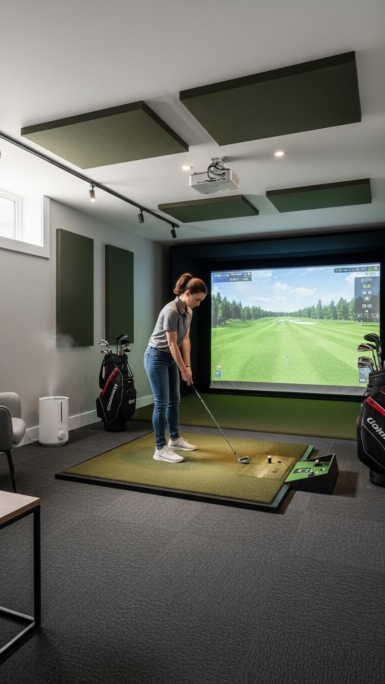 Dedicated Basement Golf Sanctuary With Professional Simulator Setup, Acoustic Panels, And Soundproofed Quiet Luxury Space