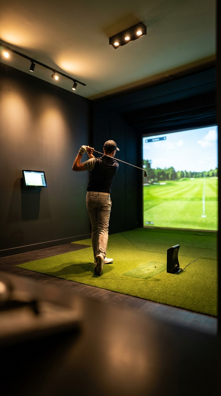 Golf Simulator Room Size Complete Guide For Home Setup Deep Golf Simulator Room View From Behind Golfer Toward Cinematic Impact Screen With High-Tech Launch Monitor Setup.