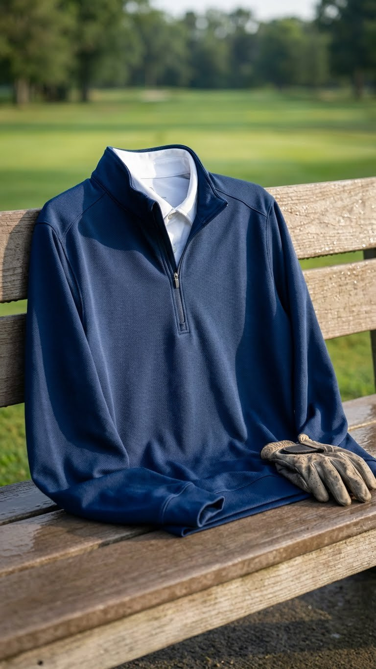 Deep Navy Quarter-Zip Golf Pullover Mid-Layer Over A Collared Polo, On A Wooden Bench. Blurred Golf Course Setting.