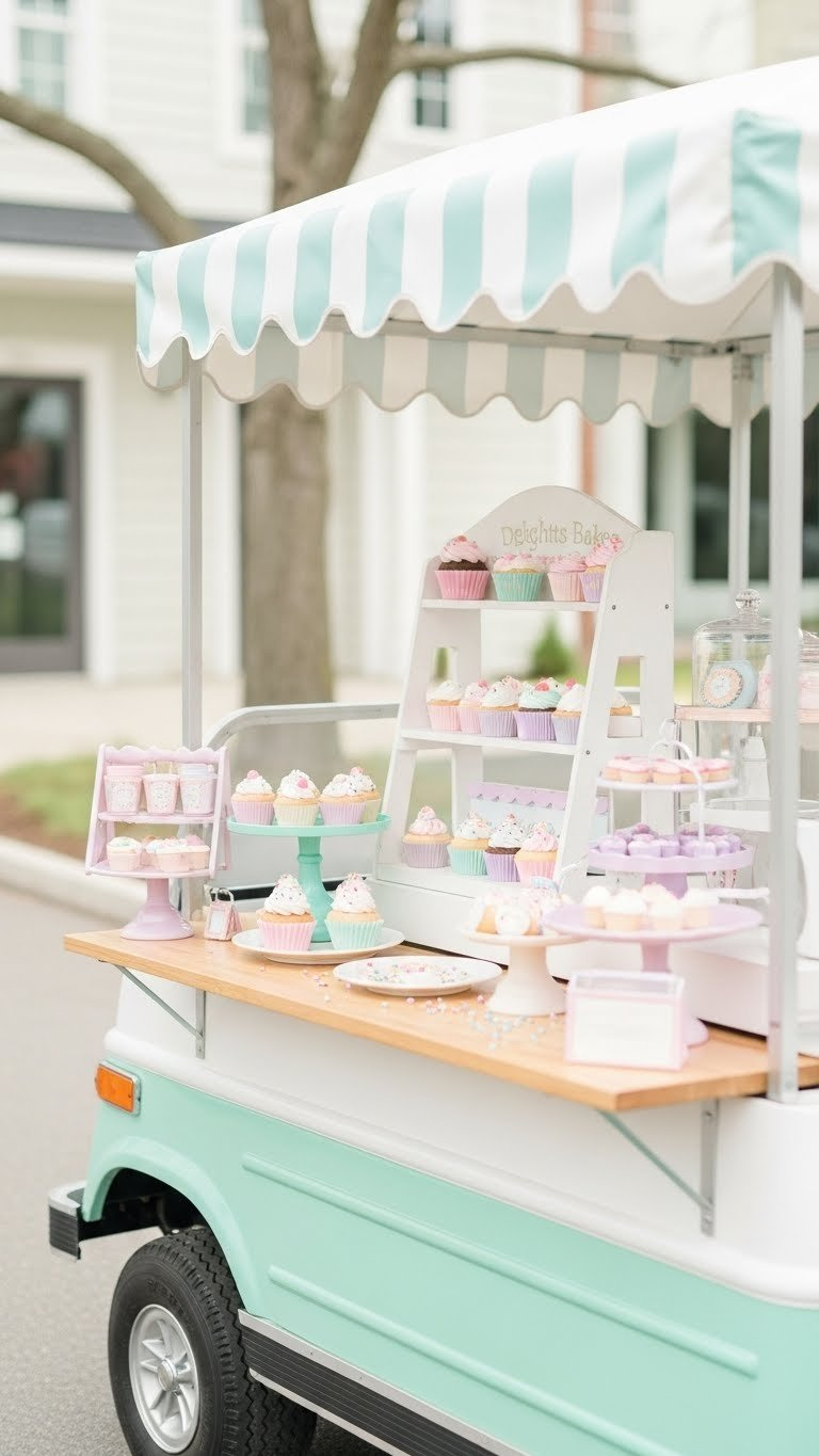 Delightful Bakery Cupcake Truck Golf Cart With Pastel Exterior And Array Of Realistic Faux Cupcakes Under Striped Canopy
