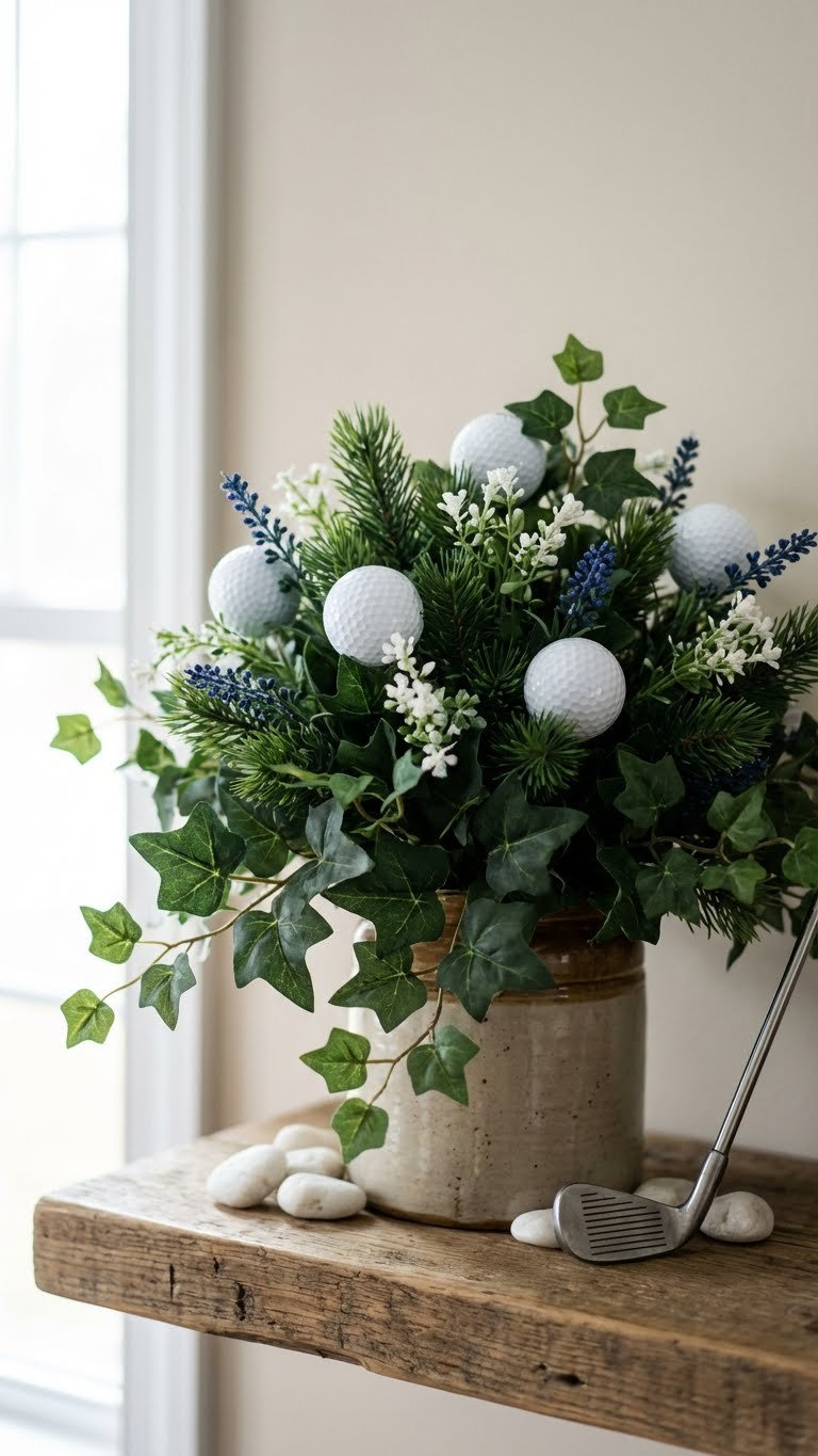 Detail Of A Diy Golf Ball Bouquet In A Container With Lush Artificial Green Leaves, White Filler Flowers, And Golf Balls.