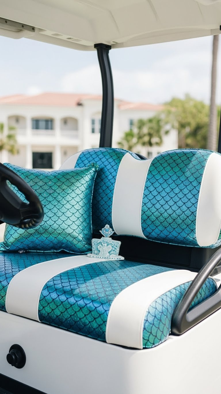 Mermaid Golf Cart Decorating: 13 Proven Diy Ideas Detail Shot Of Mermaid Scale Pattern Upholstery On Golf Cart Seat With Marine-Grade Fabric