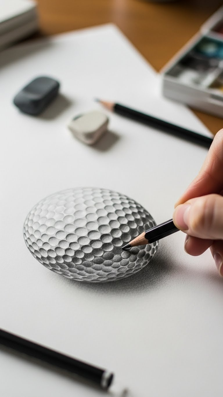 How To Draw A Golf Ball: 9 Creative Art &Amp; Marking Ideas Detailed Graphite Pencil Sketch Of A Realistic Golf Ball Showing Intricate Dimple Pattern With Subtle Shading On Textured Artist Paper Surface