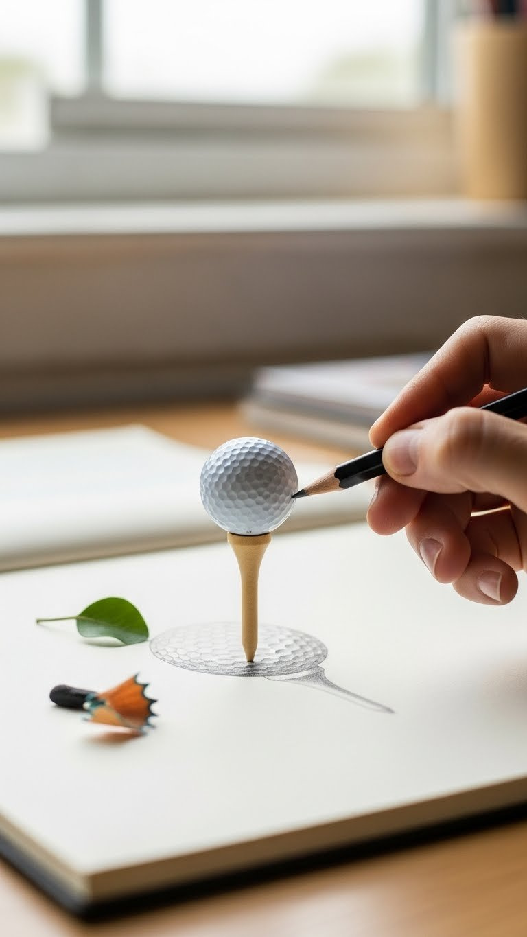 How To Draw A Golf Ball: 9 Creative Art &Amp; Marking Ideas Detailed Pencil Sketch Of Golf Ball Balanced On Wooden Tee Showing Dimple Pattern And Natural Wood Grain