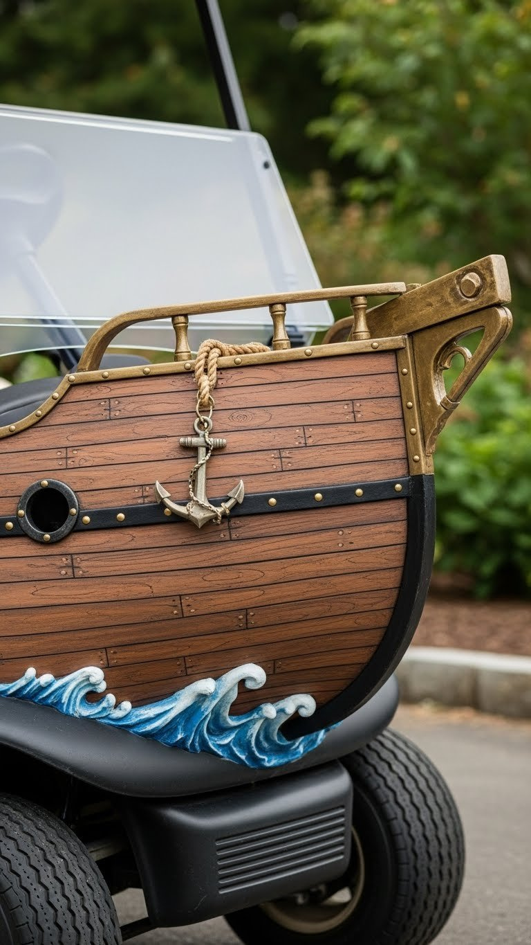 Detailed Pirate Golf Cart Ship Hull Crafted From Foam Board With Wooden Plank Texture And Brass Accents