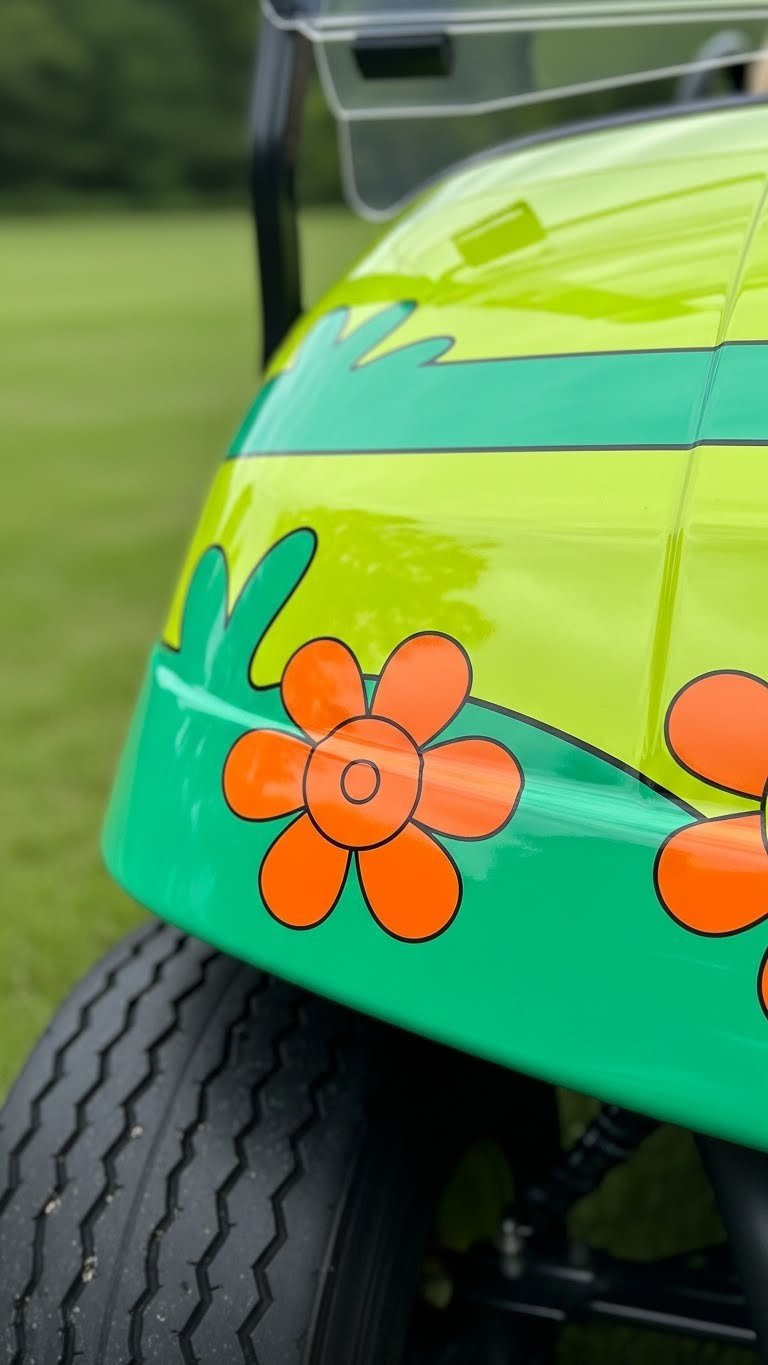 Detailed View Of An Orange Flower Decal On A Lime Green Mystery Machine Golf Cart Side Panel With Soft Outdoor Background