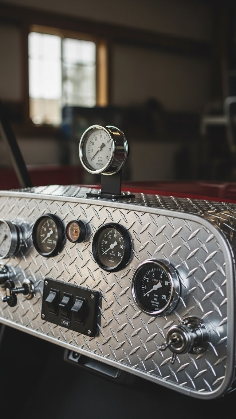 Detailed View Of Golf Cart Dashboard Transformed Into Fire Truck Pumper Panel With Faux Gauges