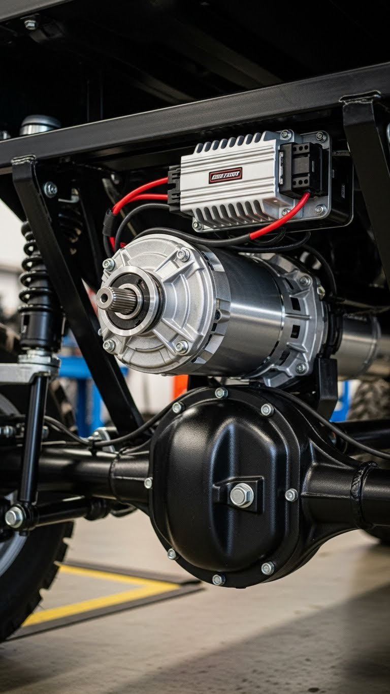 Detailed View Of High-Performance Electric Motor And Controller Mounted On Golf Cart Rear Axle With Red Wiring Accents And Metallic Finish.
