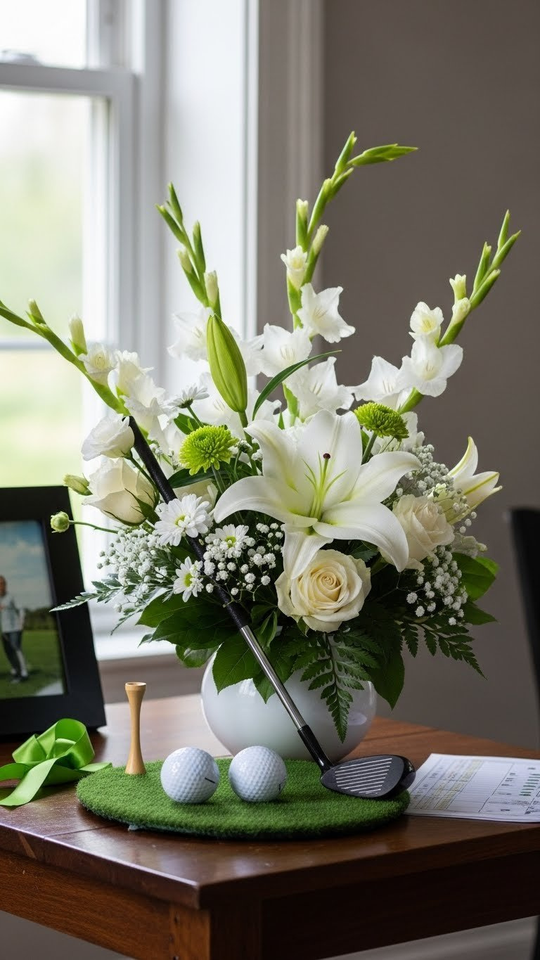 Dignified Golf-Themed Memorial Tribute With White Golf Balls, Golf Club, And Serene Flowers On Dark Wooden Table