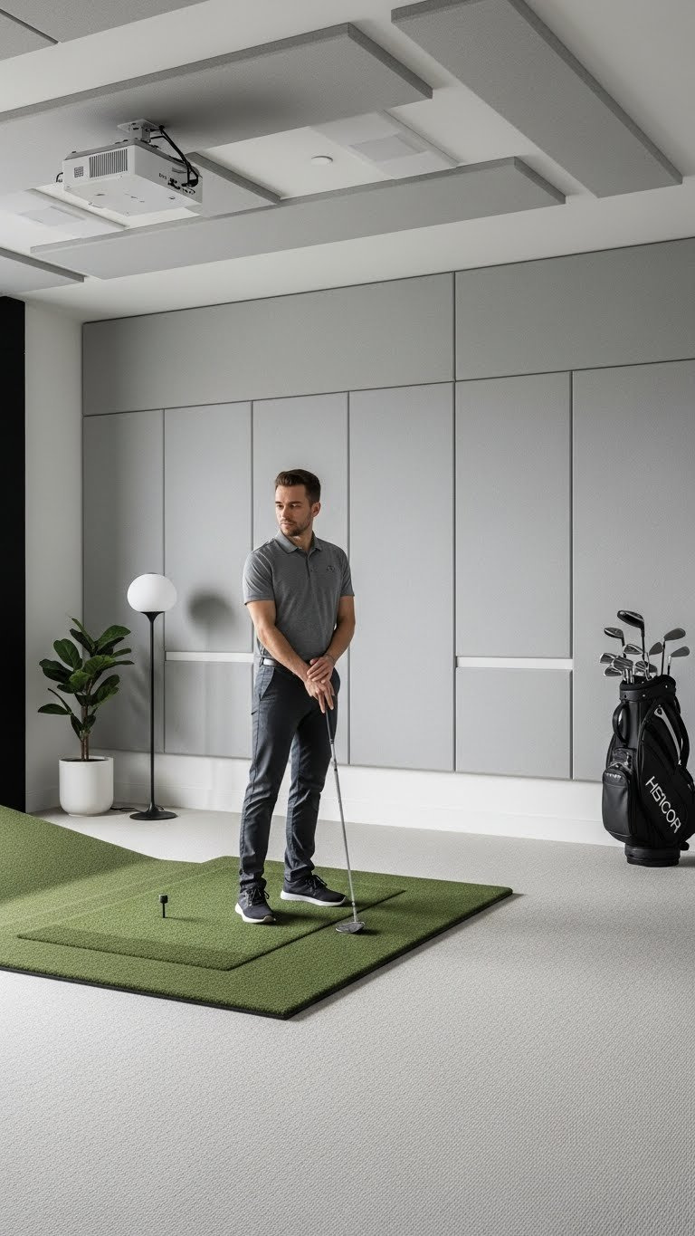 Discreet Acoustic Panels Integrated Into Minimalist Golf Simulator Room Walls For Professional Sound Management And Clean Aesthetics.