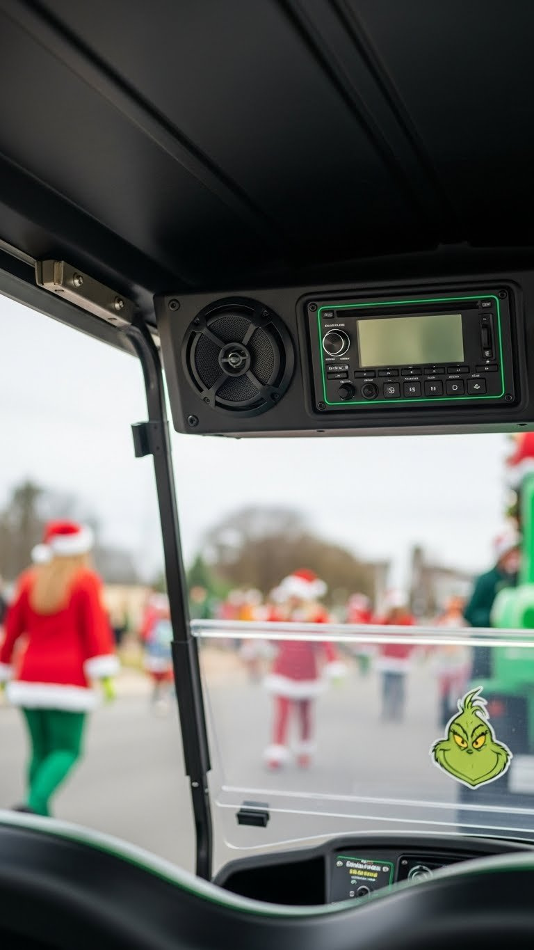 Discreet Outdoor-Rated Sound System With Green Trim Integrated Into Grinch Golf Cart Interior Ready For Festive Parade Music Playback.