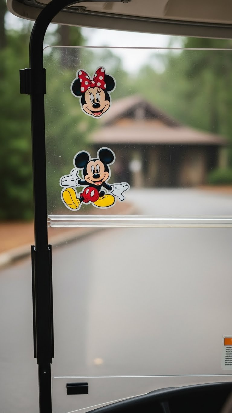 Disney Character Window Clings On Golf Cart Plastic Windows With Natural Light Filtering Through