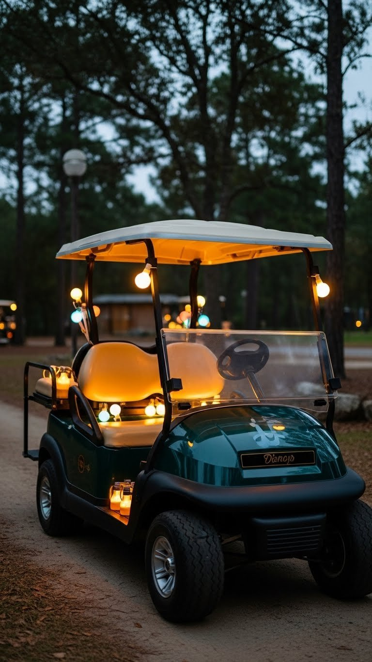 Disney Golf Cart Illuminated By Led Lights At Dusk In Fort Wilderness Campsite Setting