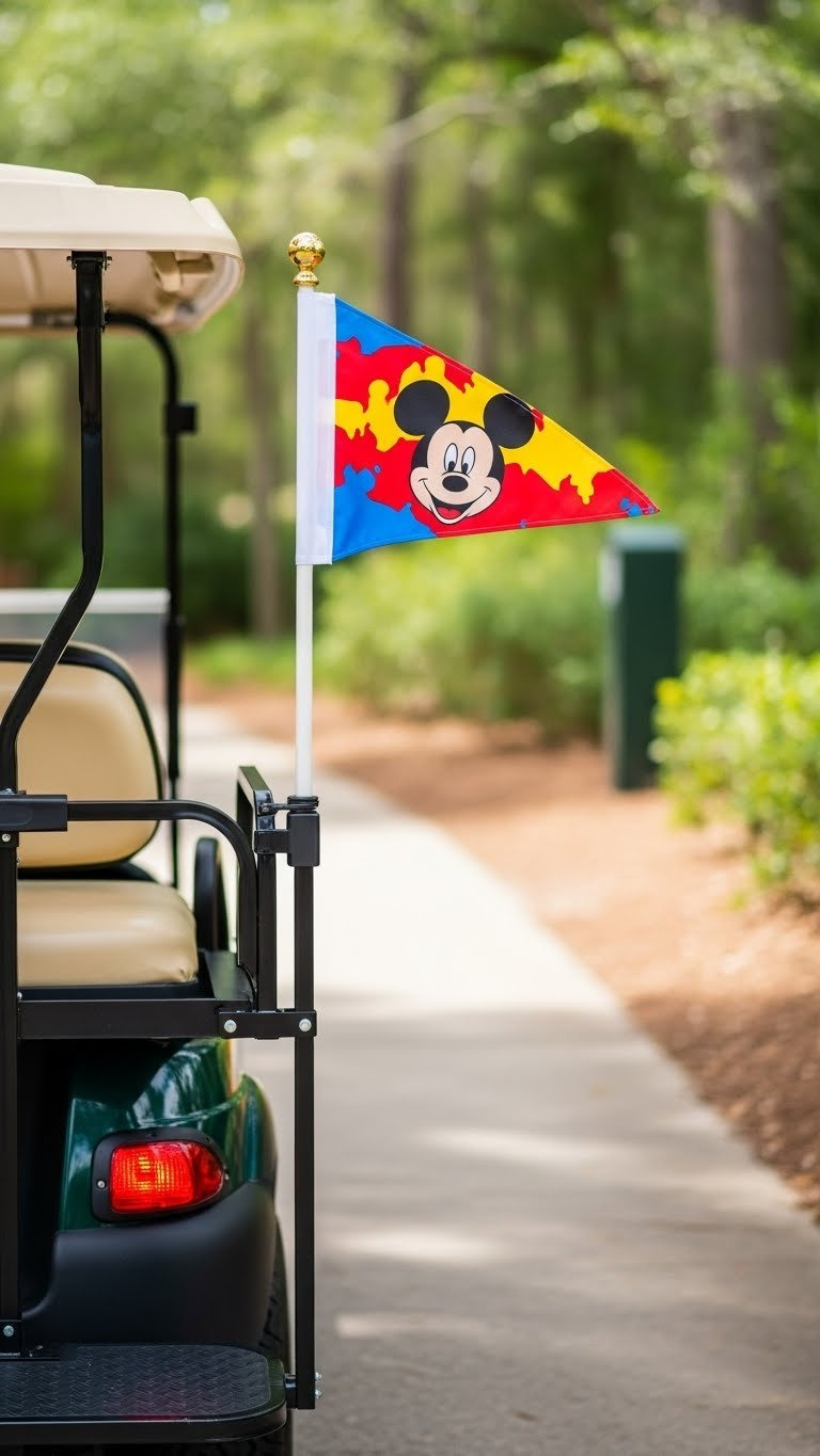 Disney-Themed Flag Waving From Golf Cart Pole At Fort Wilderness With Lush Greenery Background