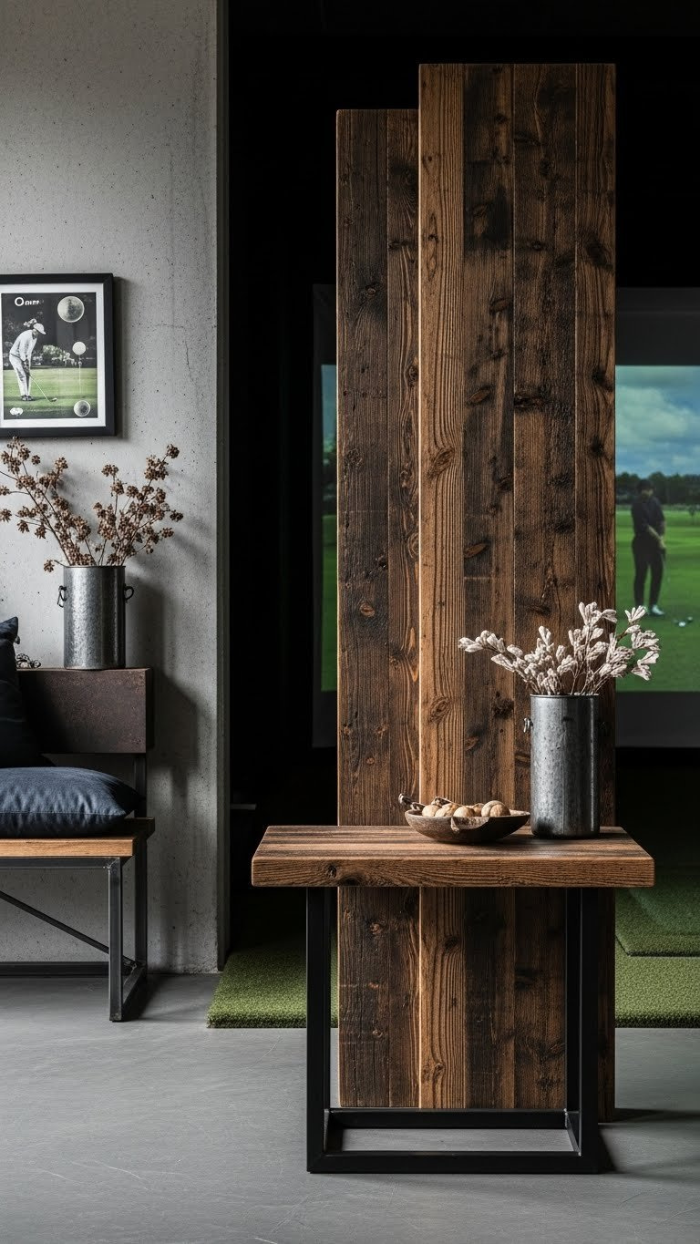 9 Essential Industrial Golf Simulator Room Ideas Distressed Reclaimed Wood Panels Adding Warmth To Industrial Golf Simulator Room Design
