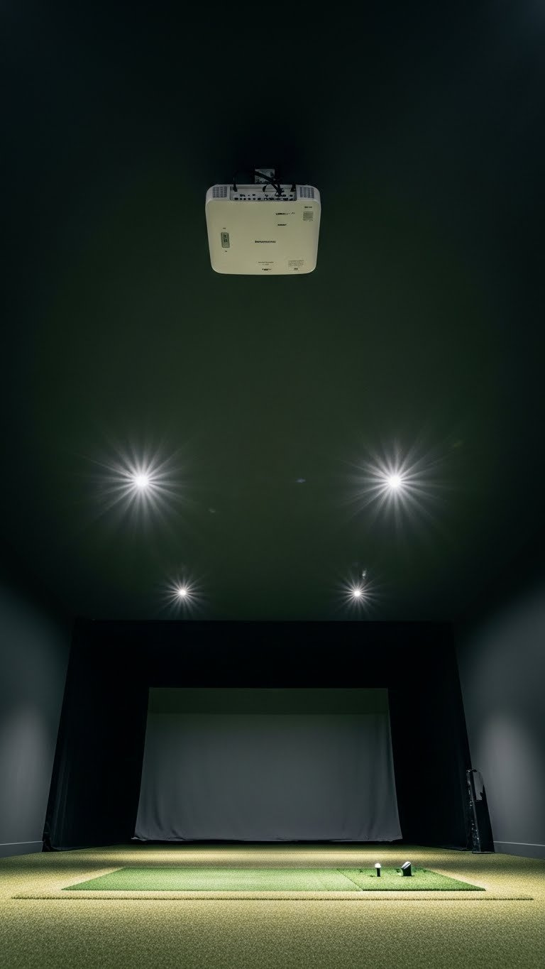 Dramatic Ceiling View Of Golf Simulator Room With Charcoal Gray Monochromatic Design, Recessed Lighting, And Ceiling-Mounted Projector