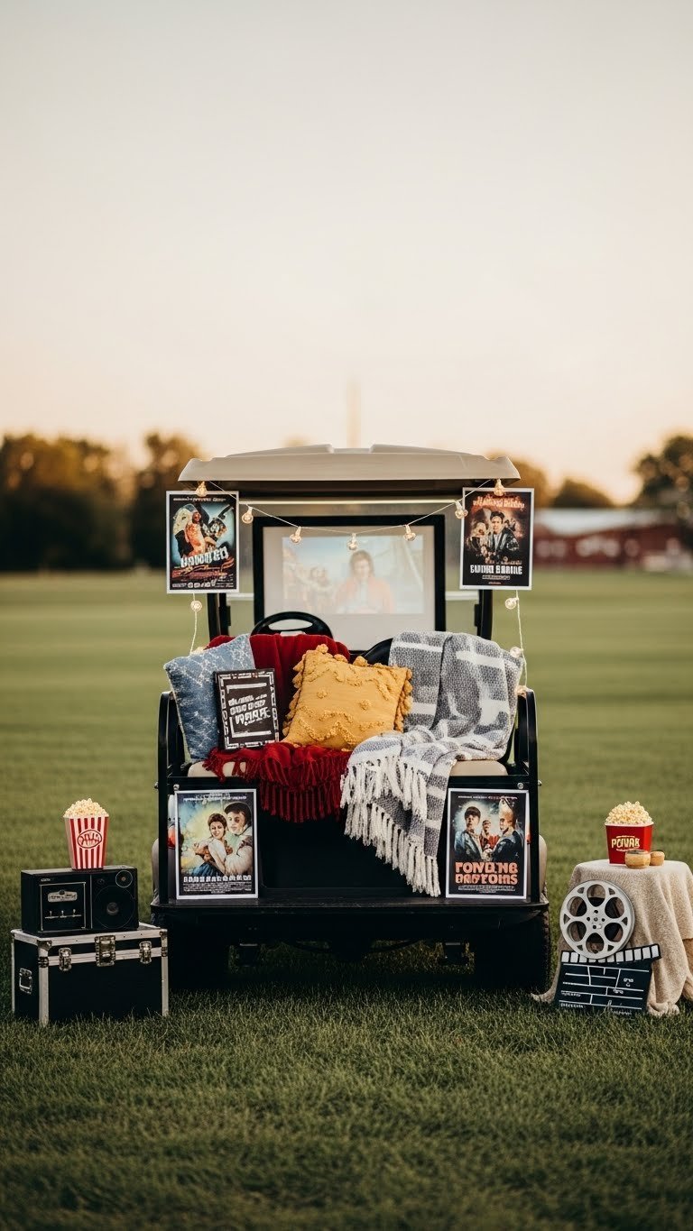 Drive-In Movie Themed Golf Cart With Miniature Screen, Classic Movie Posters, And Cozy Blankets For Outdoor Cinema