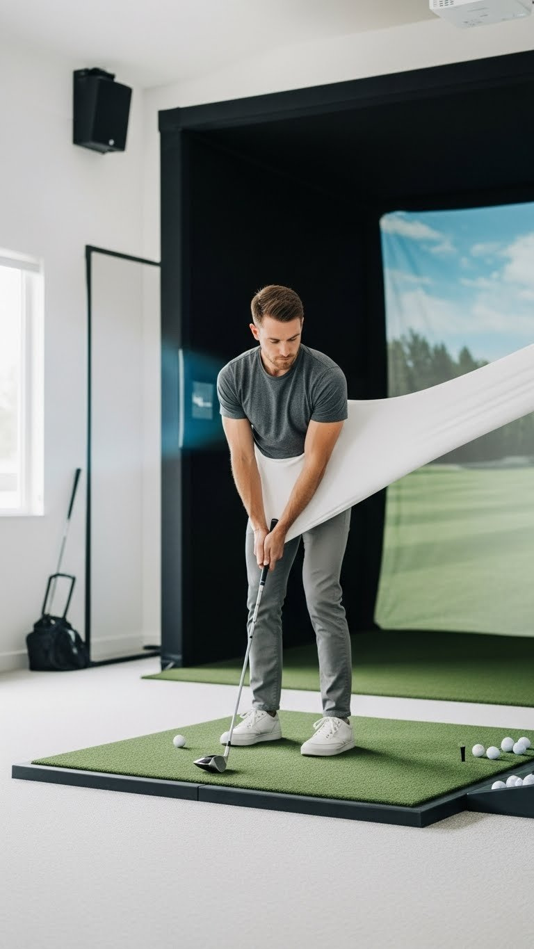 Durable Budget Golf Simulator Impact Screen Seamlessly Integrated Into A Home Setup, Showcasing Its Smooth Surface With A Golf Club.