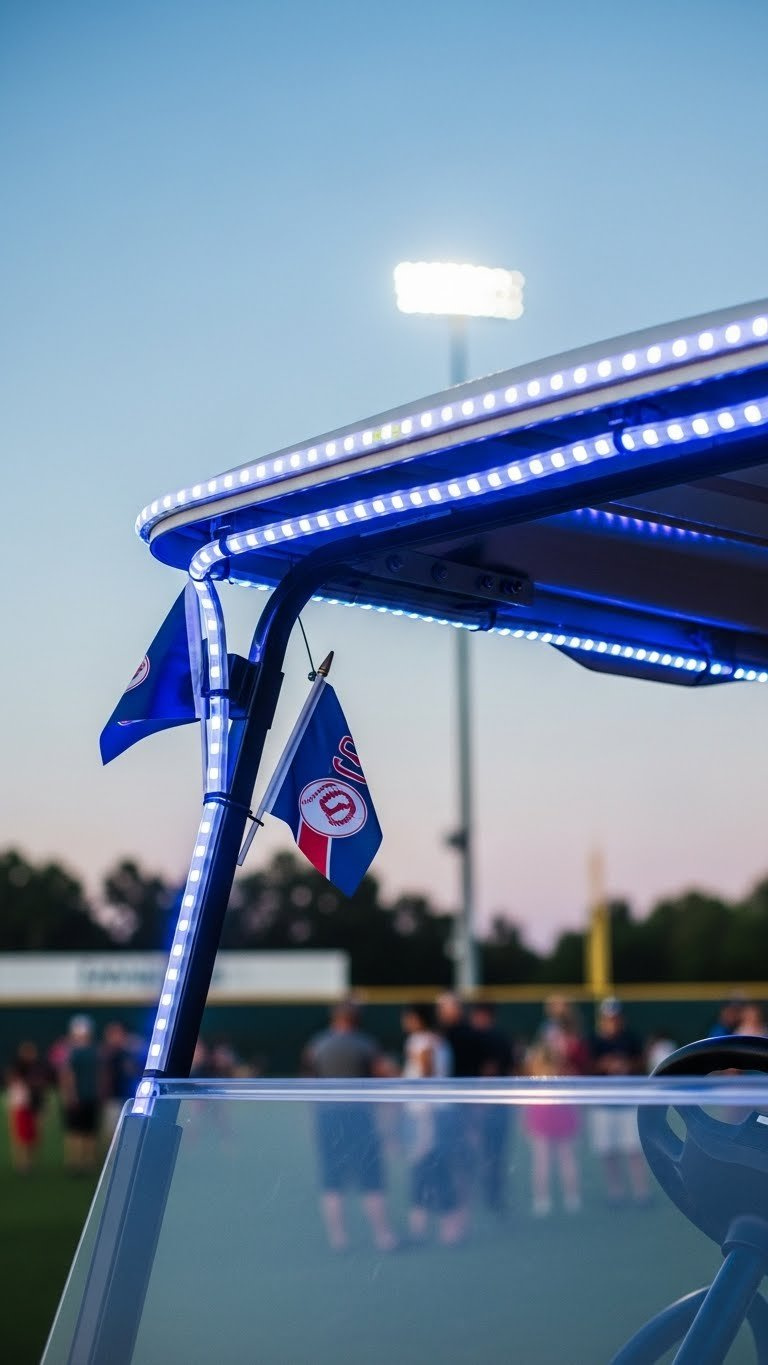Dynamic Led Stadium Lighting Strips Illuminating Golf Cart Roofline And Undercarriage For Game-Day Glow