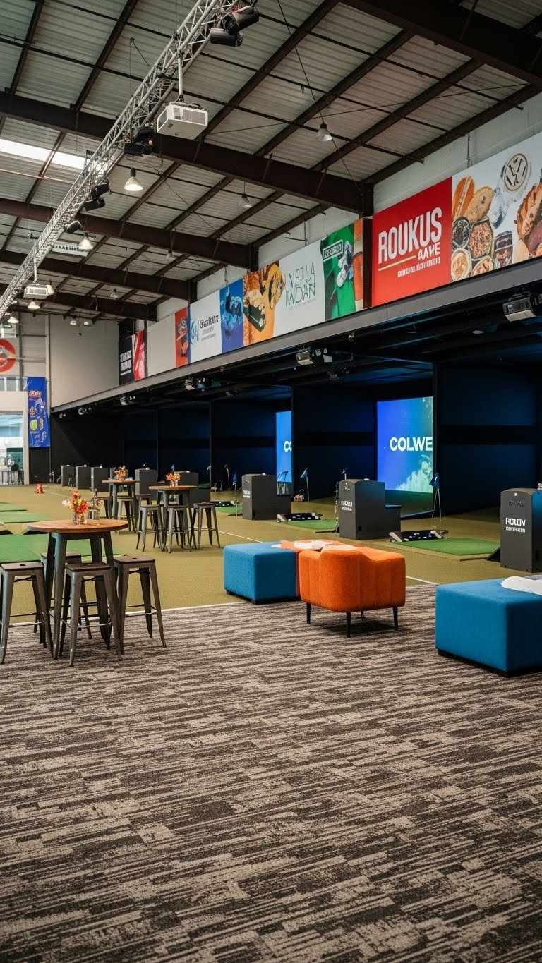 7 Expert Commercial Golf Simulator Room Designs Dynamic Commercial Golf Simulator Arena For Corporate Events, Featuring Multiple Bays, Communal Seating, And Festive Atmosphere.