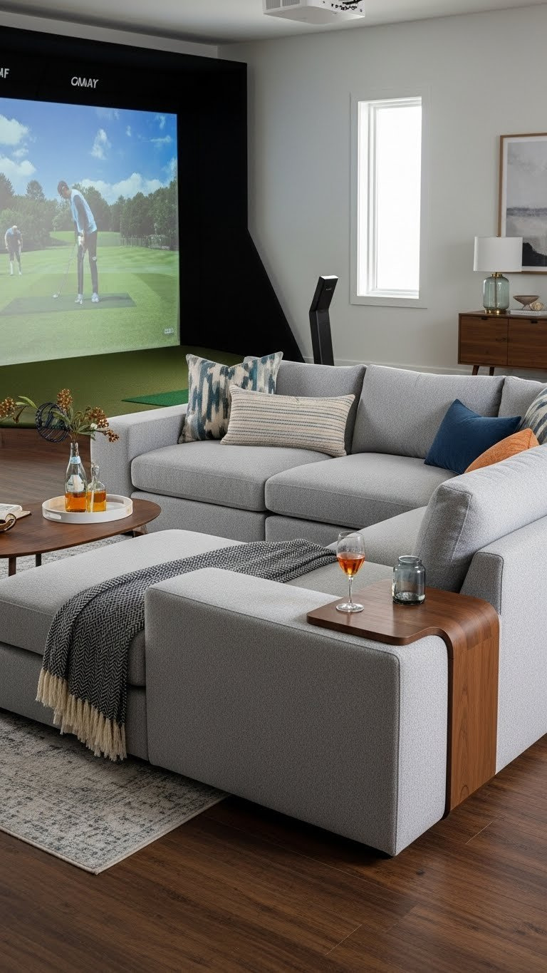 Dynamic Golf Simulator Room With Versatile Modular Sectional Sofa Arranged In L-Shape Configuration