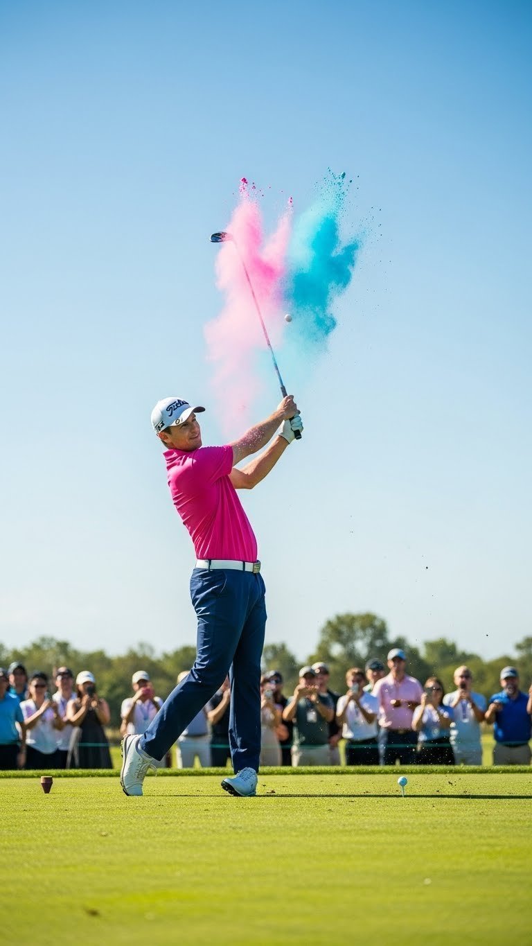 Dynamic Golf Swing Capturing Moment Of Contact With Exploding Gender Reveal Golf Ball
