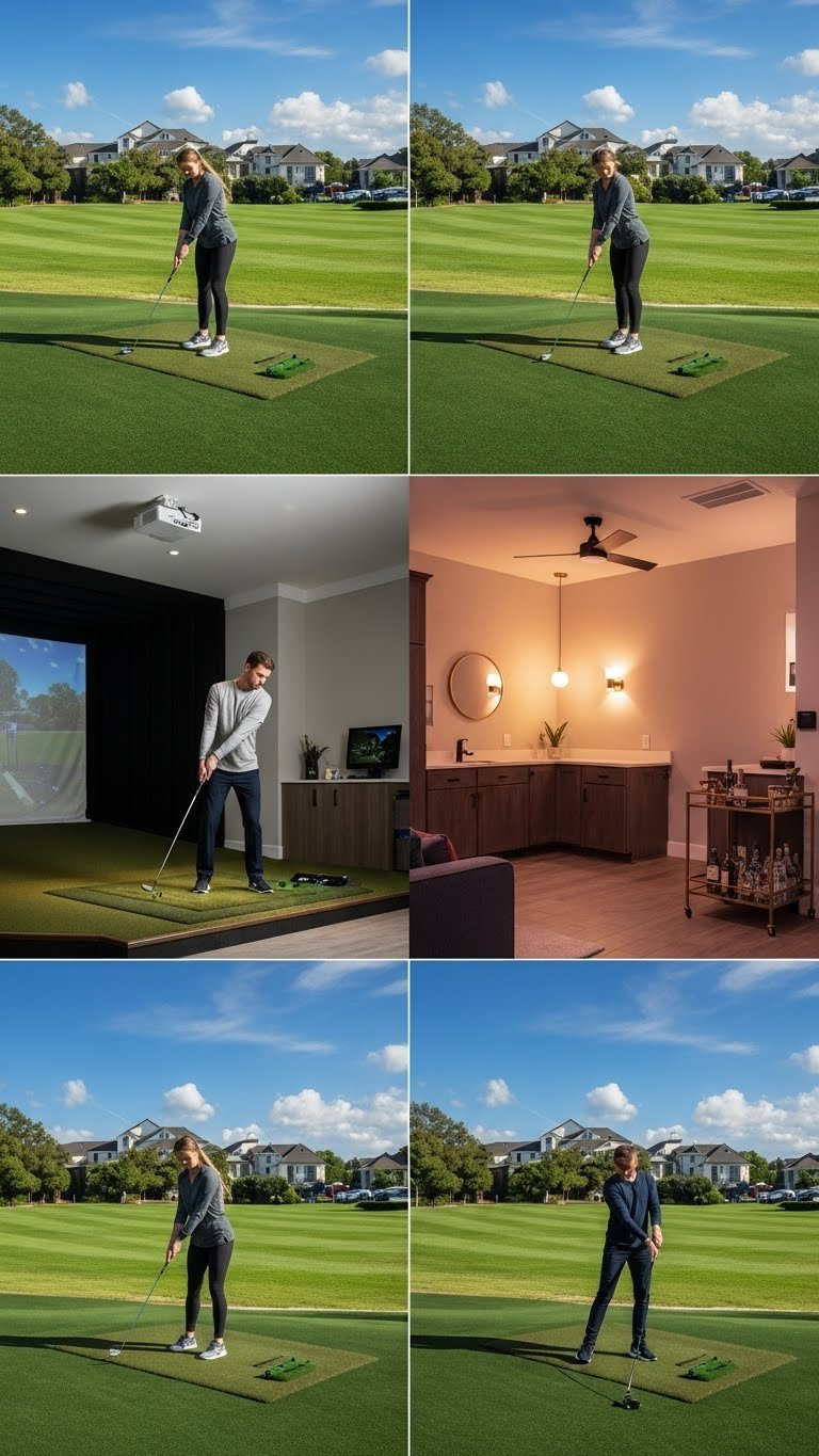 Dynamic Lighting Golf Simulator Room With Task Lighting Over Hitting Area And Adjustable Ambient Lighting Zones