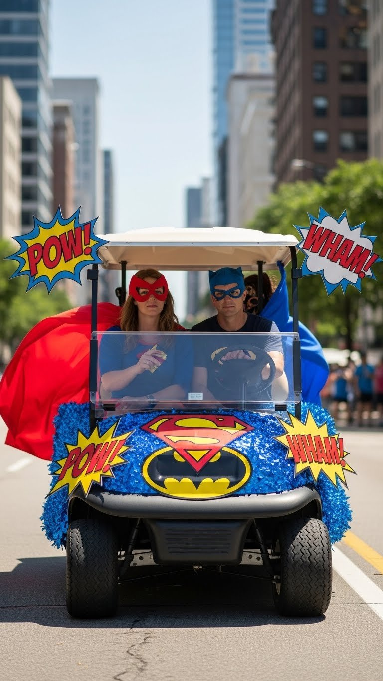 Dynamic Superhero Themed Golf Cart Parade Float With Comic Book Graphics, Flowing Cape, And Cityscape Backdrop