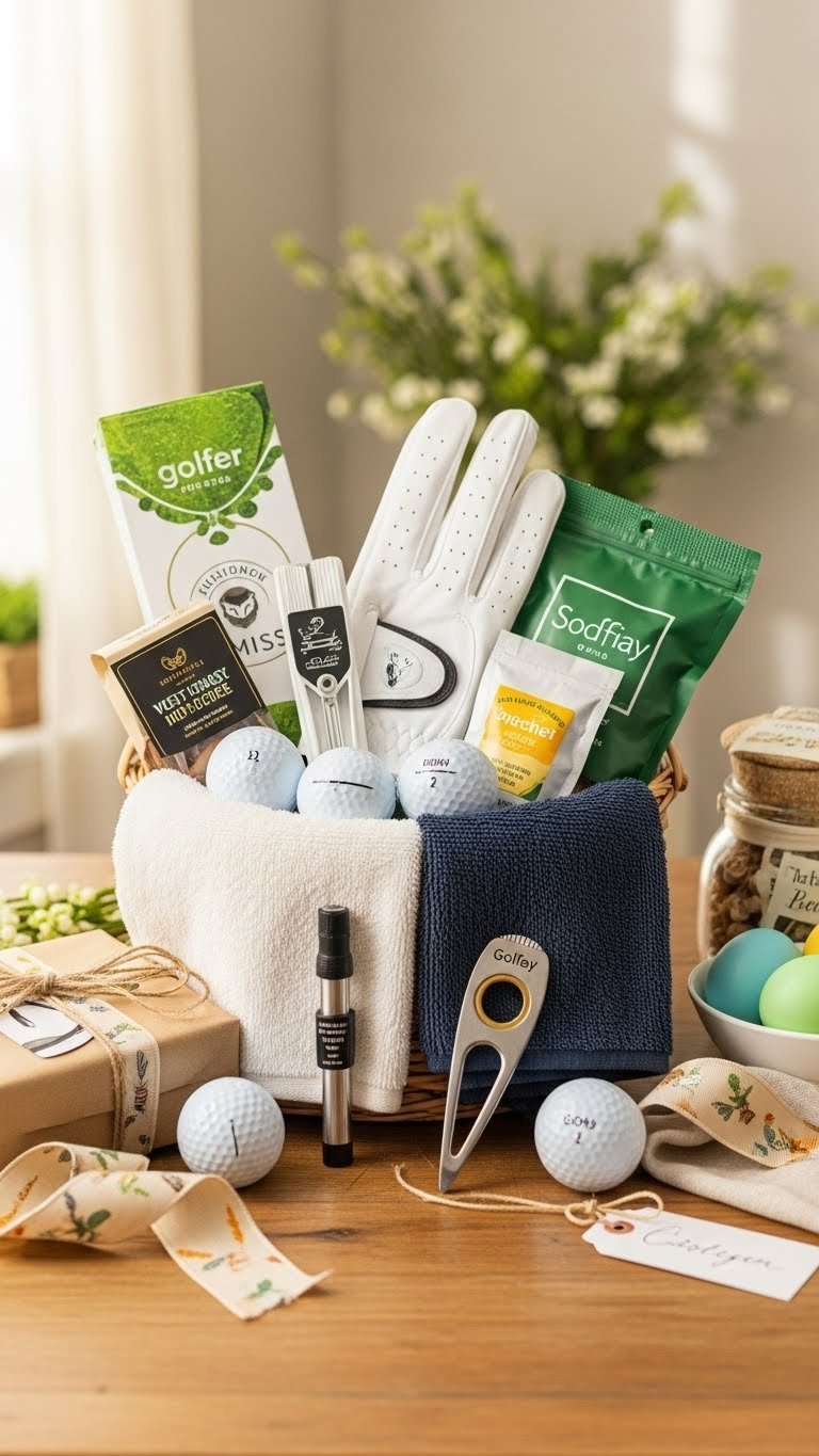 Easter Basket Overflowing With Golf-Themed Items Including Custom Balls, Glove, Towel, And Divot Tool Arranged On Rustic Table