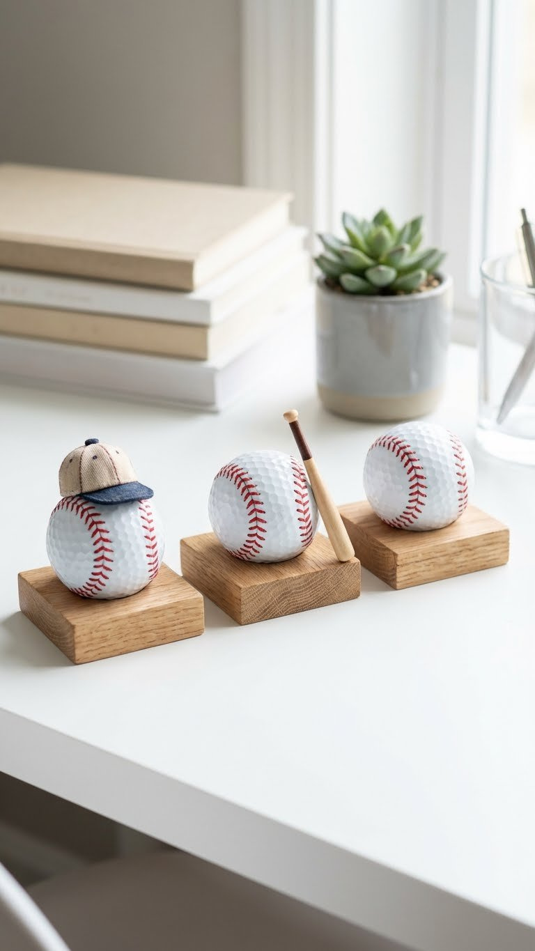 Golf Ball Crafts Baseball: Easy Diy Ideas For Art &Amp; Gifts Easy Baseball Golf Ball Desk Ornaments On Minimalist Stands With Tiny Caps, Neatly Arranged On A Sleek, Light-Colored Modern Desk.